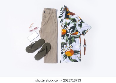 Set of fashion summer clothing and accessories on white background ,flat lay