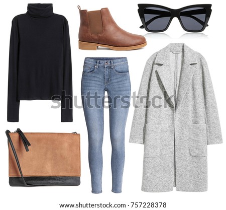 A set of fashionable clothes and accessories on a white background