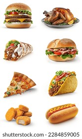 Set of fast food dishes isolated on white background. cheese burger, turkey roast, shawarma, sandwich, pizza slice, taco, chicken nuggets, hotdog. Abstract collection of fast food. - Shutterstock ID 2284859005