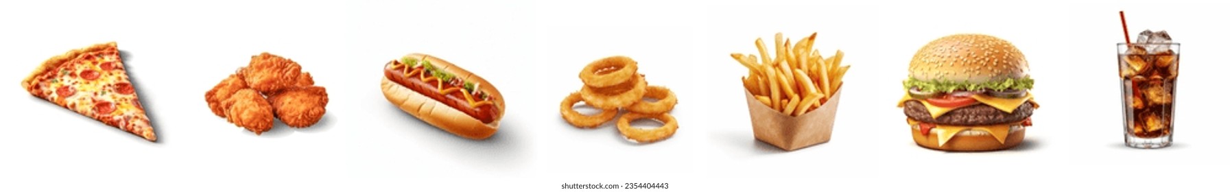 Set of fast food dishes isolated on white background. pizza, fried chicken, hotdog, onion rings, fries, burger, soft drink . Abstract collection of fast food.
					