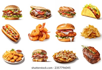 Set of fast food dishes isolated on white background. cheese burger, hotdog, prawns, sandwich, steak, taco, chicken nuggets, nachos. 