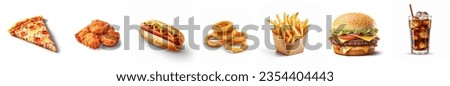 Set of fast food dishes isolated on white background. pizza, fried chicken, hotdog, onion rings, fries, burger, soft drink . Abstract collection of fast food.
