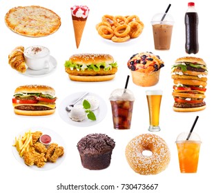 set of fast food products isolated on white background