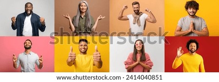 The set features eight individuals, each showing positive gestures such as thumbs-up or a prayer sign, set against various colored backgrounds, reflecting themes of positivity, approval, and gratitude