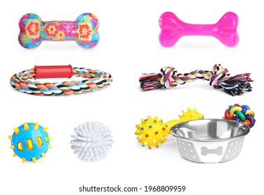 Set With Feeding Bowl And Toys For Pet On White Background 