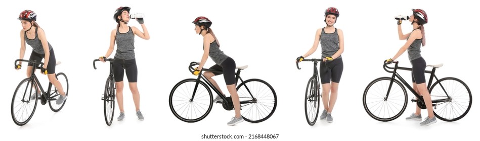 Set Of Female Cyclist With Bicycle On White Background