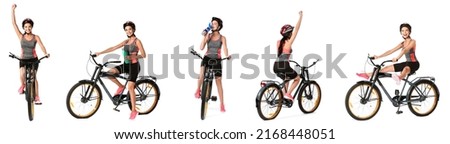 Set of female cyclist riding bicycle on white background