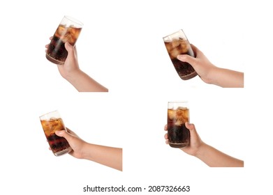 Set of Female hand holding glass of cola isolated on white background. - Shutterstock ID 2087326663