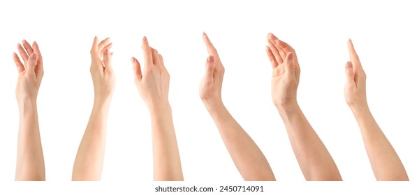 Set of female hands. Close up of beautiful female hand finger pointing or touching something isolated on white background with clipping path. Beauty care. - Powered by Shutterstock