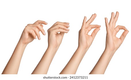 Set of female hands in different poses on a blank background