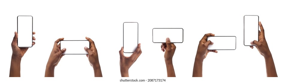 Set of female hands holding smartphone with blank screen in different orientation isolated on white background, panorama, banner. Black lady using cell, browsing internet, presenting free copy space - Powered by Shutterstock