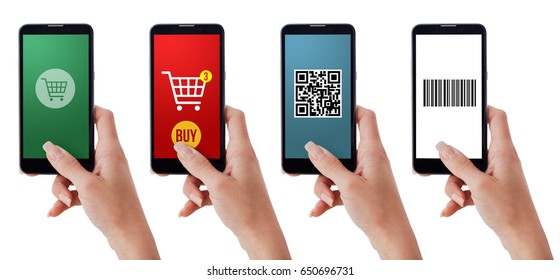 Set Of Female Hands Using Shopping Apps, Barcode And Qr Code Scanner On The Smartphone, Technology And Retail Concept