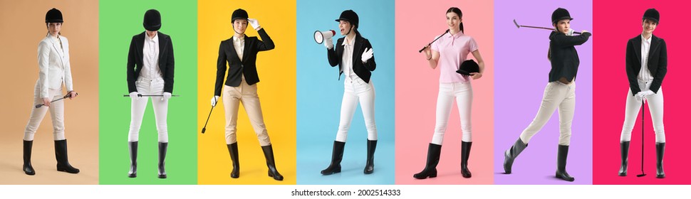 Set Of Female Jockey On Color Background