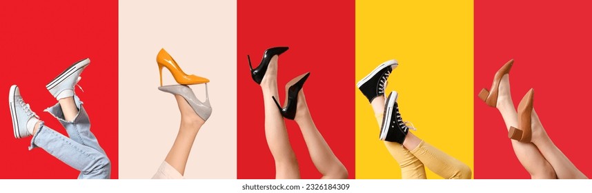 Set of female legs in different stylish shoes on color background - Powered by Shutterstock