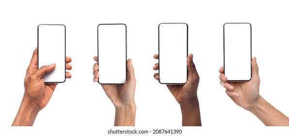 Set of female and male hands holding smartphones with white empty screen, showing using devices, transfer data, sharing media. Vertical gadget monitor with blank space, mock up, studio background - Shutterstock ID 2087641390