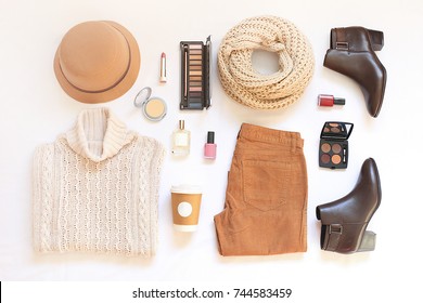 Set of female stylish clothes and accessories on white background flat lay, top view