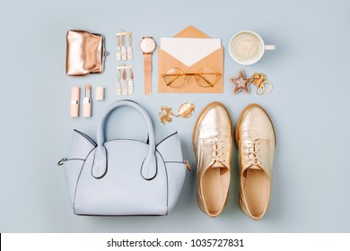 Set of Feminine accessories  with handbag, watch, note and beauty products.