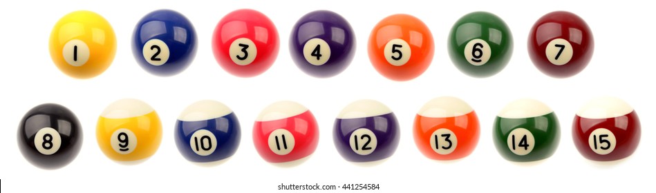 Set of fifteen pool balls isolated over white background