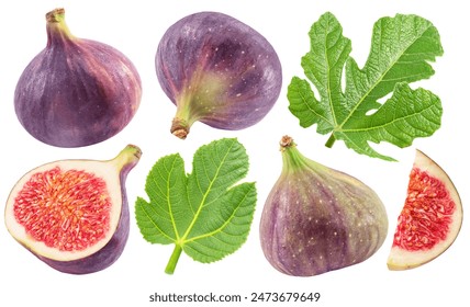 Set of fig fruits, fig leaves and slices of fig on white background. File contains clipping paths.