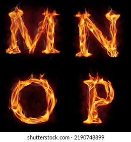 Set of fire alphabet letter M N O P made of fire flames, with red smoke behind, hot metal font in flames, isolated on black
