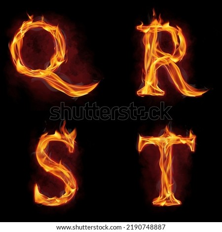 Set of fire alphabet letter Q R S T made of fire flames, with red smoke behind, hot metal font in flames, isolated on black