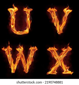 Set Of Fire Alphabet Letter U V W X Made Of Fire Flames, With Red Smoke Behind, Hot Metal Font In Flames, Isolated On Black