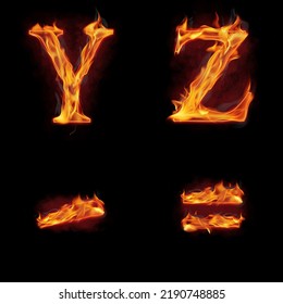 Set Of Fire Alphabet Letter Y Z, Minus Symbol (-) And Equal (=) Made Of Fire Flames, With Red Smoke Behind, Hot Metal Font In Flames, Isolated On Black