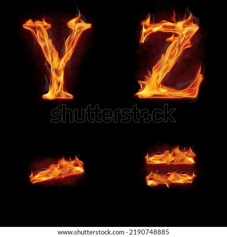 Set of fire alphabet letter Y Z, minus symbol (-) and equal (=) made of fire flames, with red smoke behind, hot metal font in flames, isolated on black