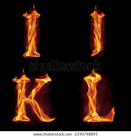 Set of fire alphabet letters I J K L made of fire flames, with red smoke behind, hot metal font in flames, isolated on black