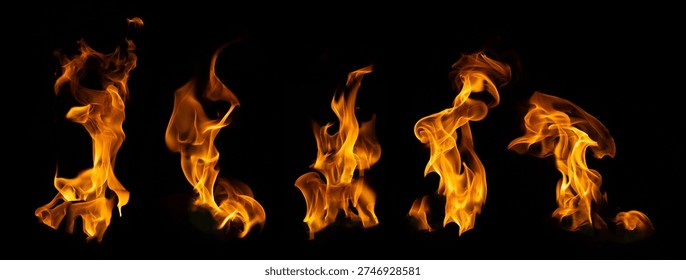 The set of fire and burning flame isolated on dark background for graphic design usage