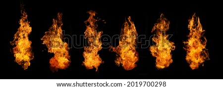 Set of fire and burning flame isolated on dark background for graphic design usage
