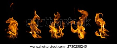 The set of fire and burning flame isolated on dark background for graphic design usage