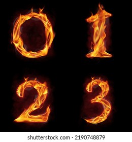 Set of fire numbers 0 1 2 3 made of fire flames, with red smoke behind, hot metal font in flames, isolated on black - Shutterstock ID 2190748879