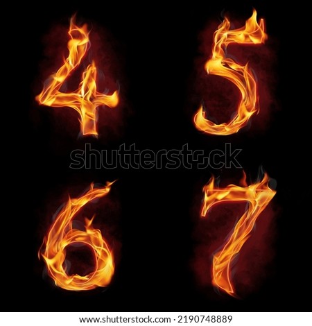 Set of fire numbers 4 5 6 7 made of fire flames, with red smoke behind, hot metal font in flames, isolated on black
