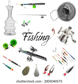 Set of fishing equipment on white background