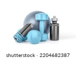 Set of fitness equipment. Dumbbells, sport bottle of water, jump rope, gymnastic ball on a white background isolated, front view, close-up. Home workout. Fitness and activity.