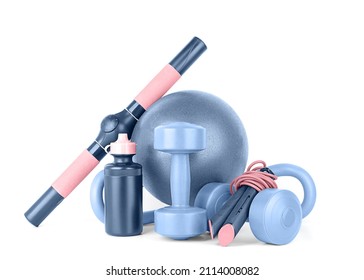 Set of fitness equipment isolated on a white. Dumbbells, sport bottle of water, chest and leg workout equipment, jump rope, gymnastic ball, front view, close-up. Fitness and activity. Home workout. - Powered by Shutterstock