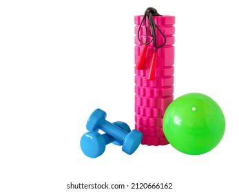 Set of fitness props. Two blue dumbbells, massage pink roller, green pilates small ball and a skipping rope, isolated on white.