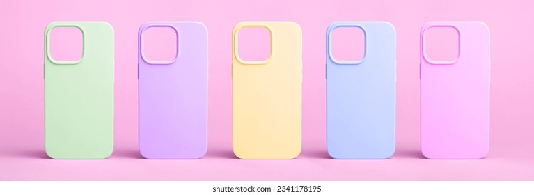 set of five back covers for mobile phone in different colors isolated on barbie pink background, phone case mock up for iPhone 15 and 14 pro max