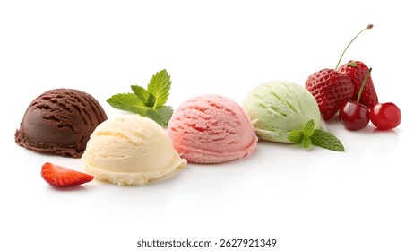 Conjunto de cinco sabores clásicos de helado aislados sobre fondo blanco