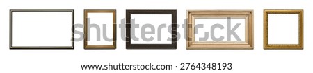 A set of five empty picture frames in various styles and colors, including black, brown, and gold, suitable for art or photography displays.