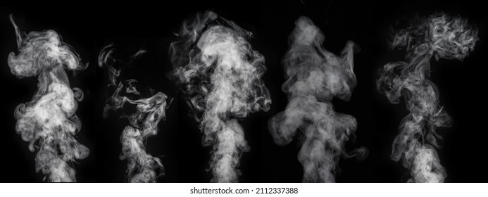Set of five figured smoke on a dark background. Abstract background, design element, for overlay on pictures - Shutterstock ID 2112337388