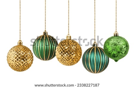 Set of five golden and green decoration Christmas balls collection hanging isolated