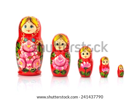 Set of five matryoshka russian nesting dolls isolated on white background