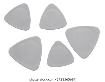 A set of five triangular plates. The plates are silver and have a shiny surface. They are arranged in a row