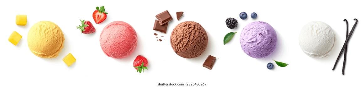 Set of five various ice cream scoops or balls with ingredients isolated on white background. Top view. Strawberry, vanilla, mango, chocolate and blueberry flavor