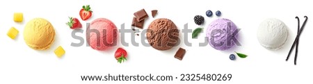 Set of five various ice cream scoops or balls with ingredients isolated on white background. Top view. Strawberry, vanilla, mango, chocolate and blueberry flavor