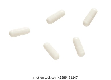 Set of five white capsules pills isolated on white background. Medical, pharmacy and healthcare concept. - Powered by Shutterstock