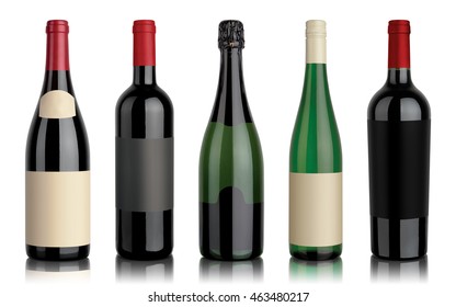 Set of five wine bottles with labels on a white background with reflection isolated