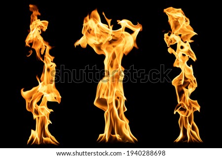 Set of flame columns. Isolated on black. Flames of fire. Bright orange column of fire.